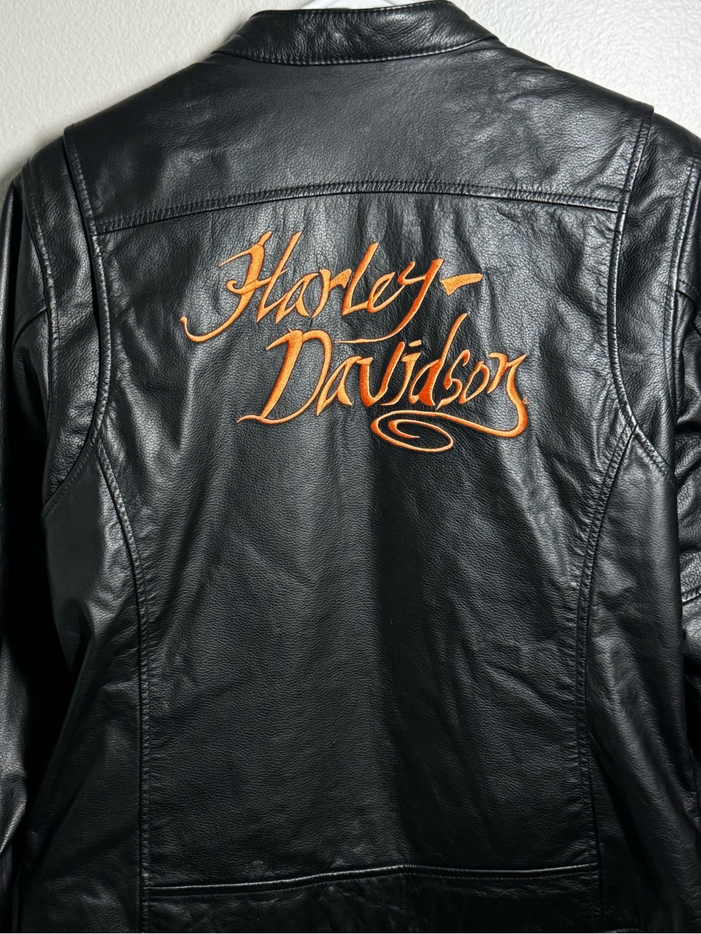 Harley-Davidson Black Leather Motorcycle Jacket Orange Embroidery